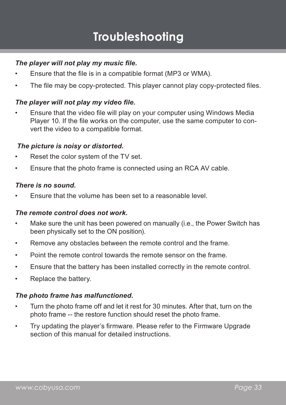 Troubleshooting | COBY electronic DP-5588 User Manual | Page 33 / 36