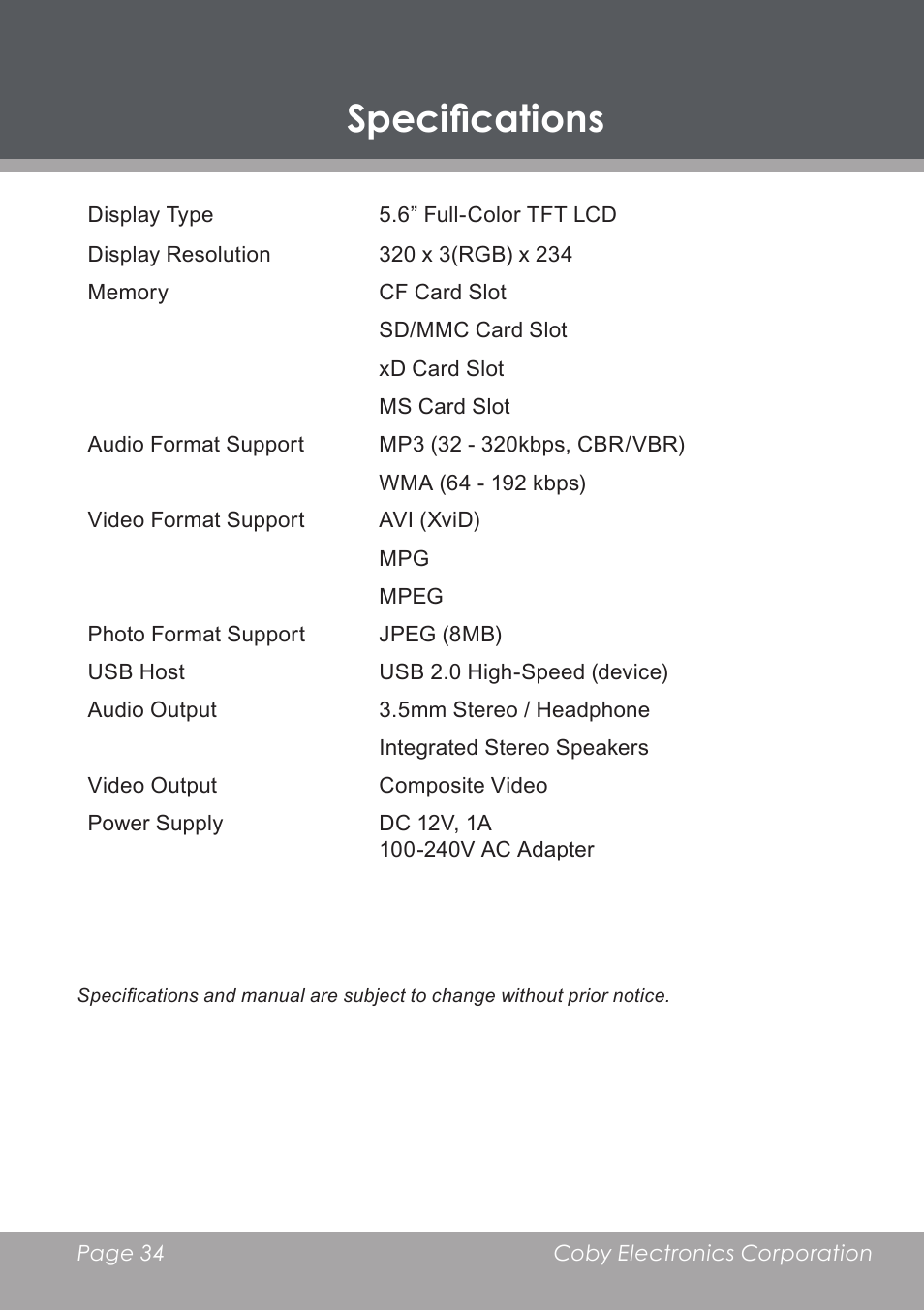 Specifications | COBY electronic DP-5588 User Manual | Page 34 / 36