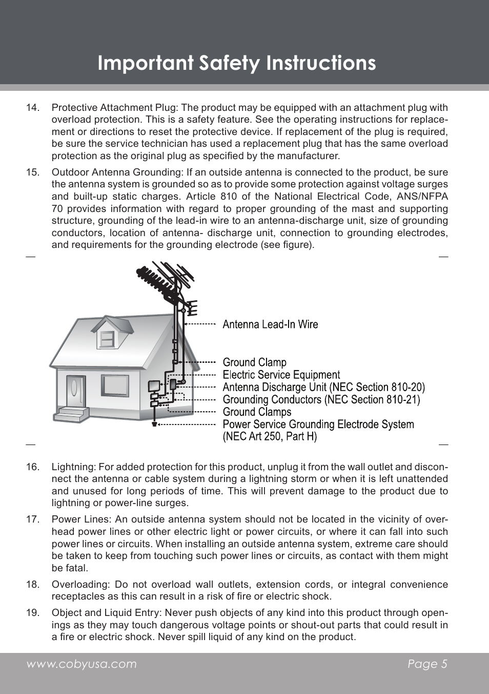 Important safety instructions | COBY electronic DP-5588 User Manual | Page 5 / 36