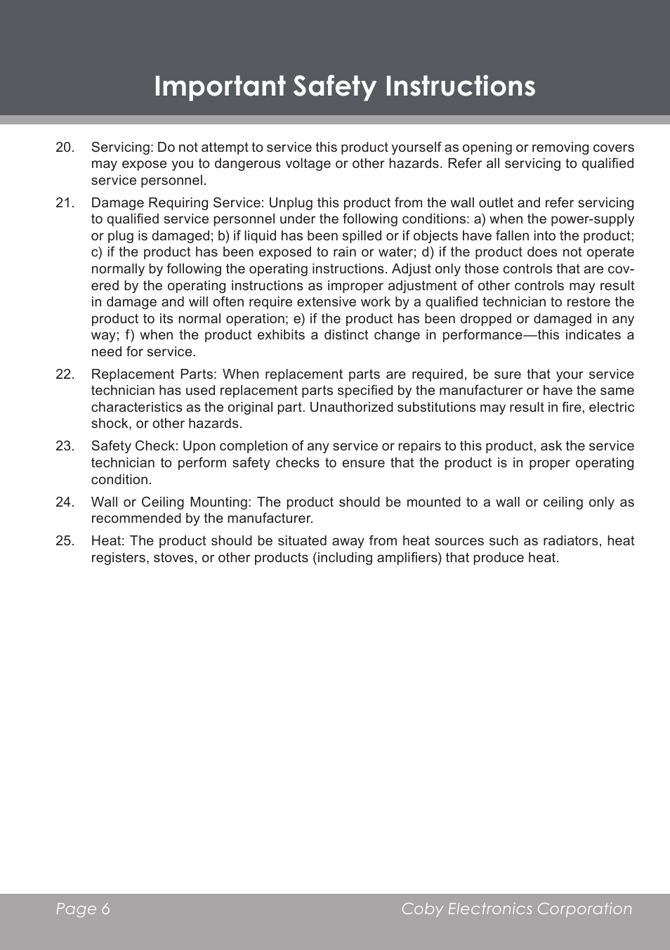 Important safety instructions | COBY electronic DP-5588 User Manual | Page 6 / 36