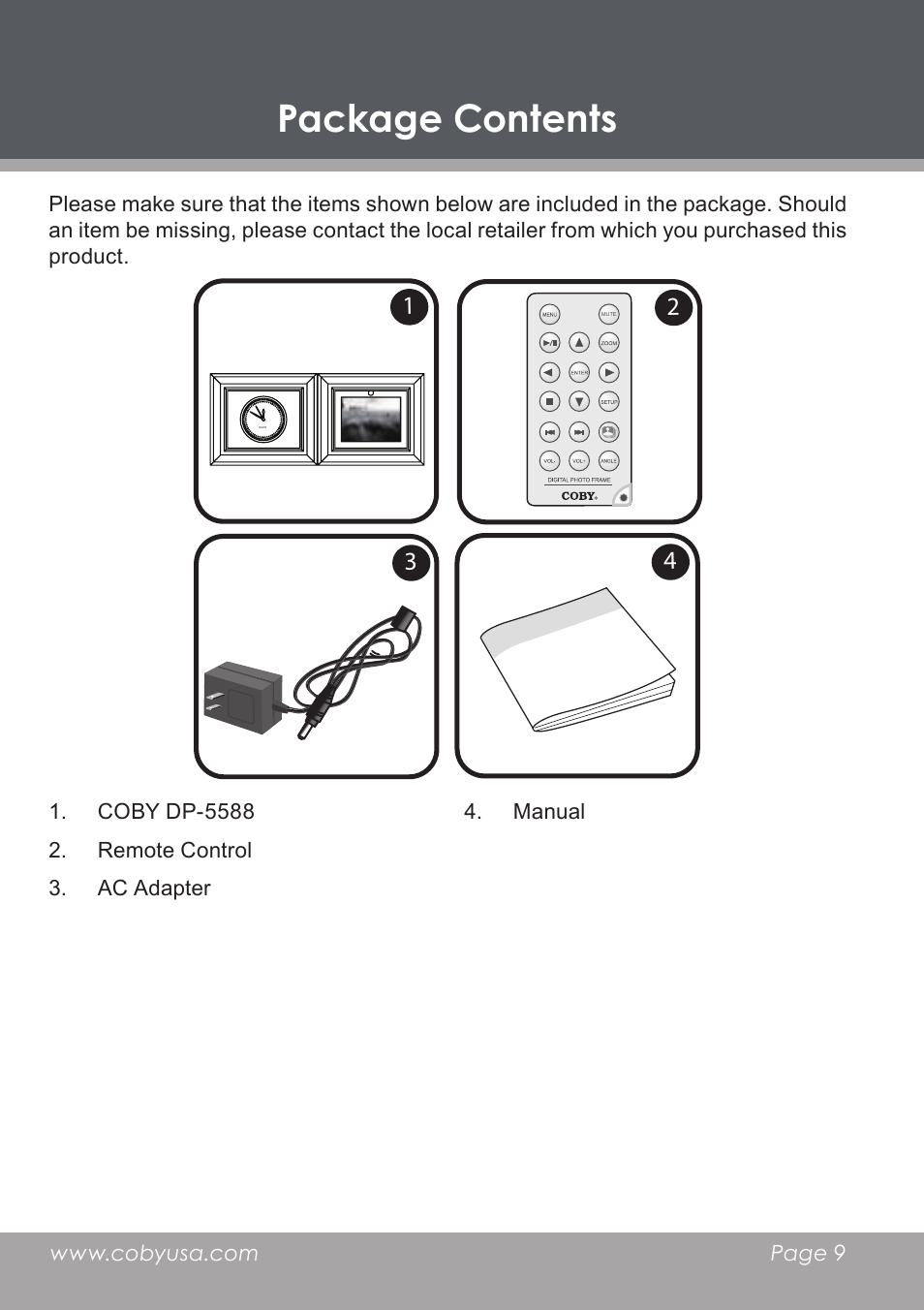 Package contents | COBY electronic DP-5588 User Manual | Page 9 / 36