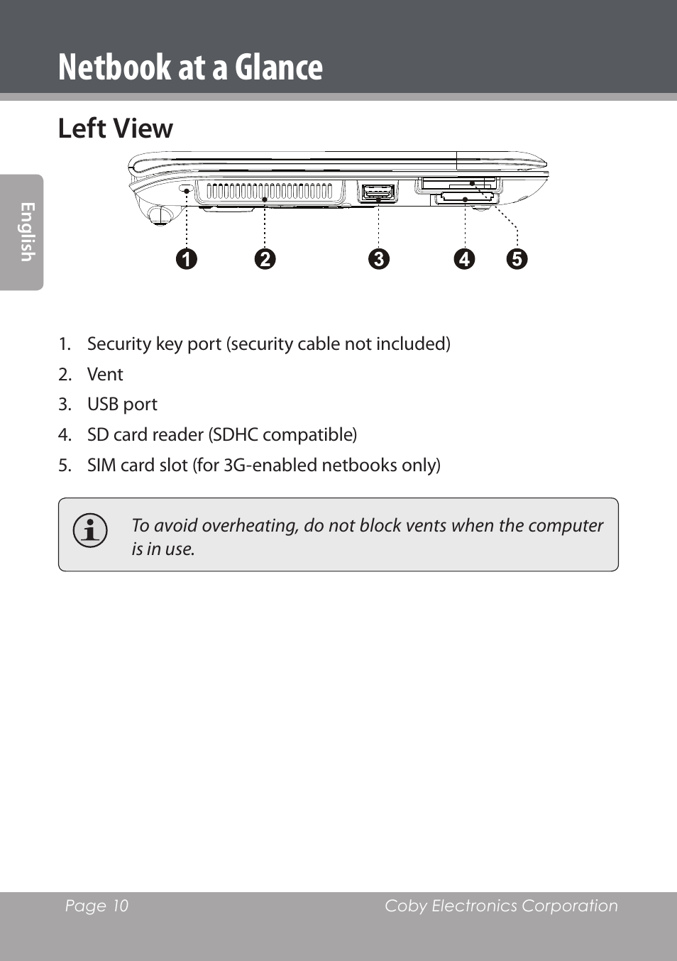 Left view, Netbook at a glance | COBY electronic NBPC1028 User Manual | Page 10 / 139