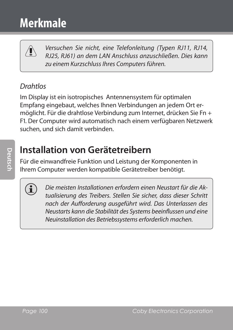 Installation von gerätetreibern, Merkmale | COBY electronic NBPC1028 User Manual | Page 100 / 139