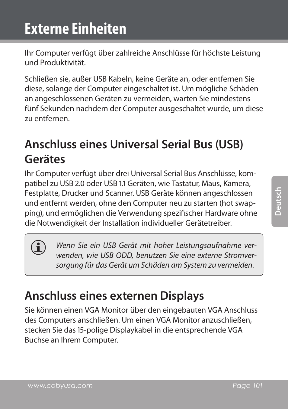 Externe einheiten, Anschluss eines universal serial bus (usb) gerätes, Anschluss eines externen displays | COBY electronic NBPC1028 User Manual | Page 101 / 139