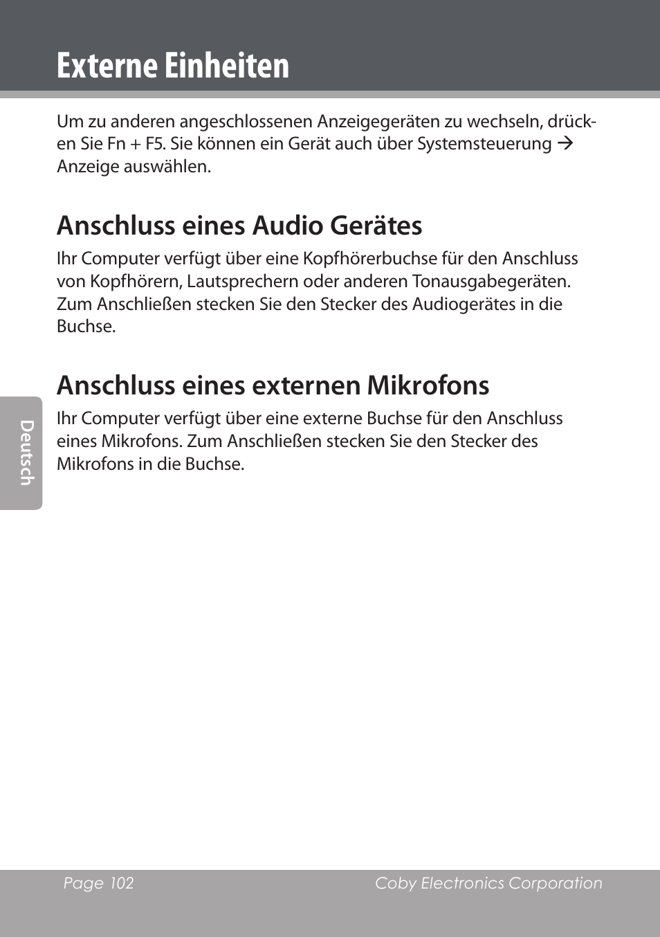 Anschluss eines audio gerätes, Anschluss eines externen mikrofons, Externe einheiten | COBY electronic NBPC1028 User Manual | Page 102 / 139