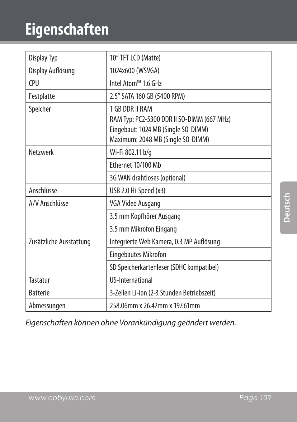 Eigenschaften | COBY electronic NBPC1028 User Manual | Page 109 / 139