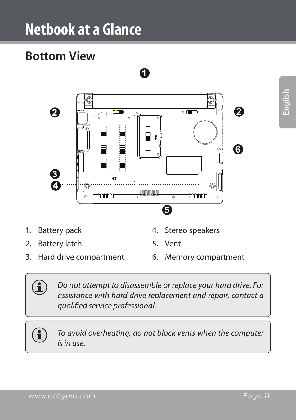 Bottom view, Netbook at a glance | COBY electronic NBPC1028 User Manual | Page 11 / 139