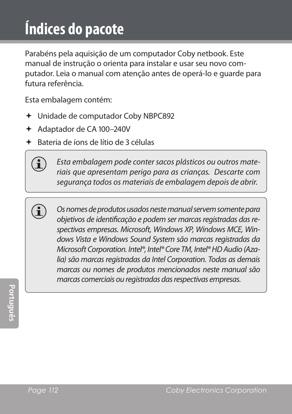 Índices do pacote | COBY electronic NBPC1028 User Manual | Page 112 / 139