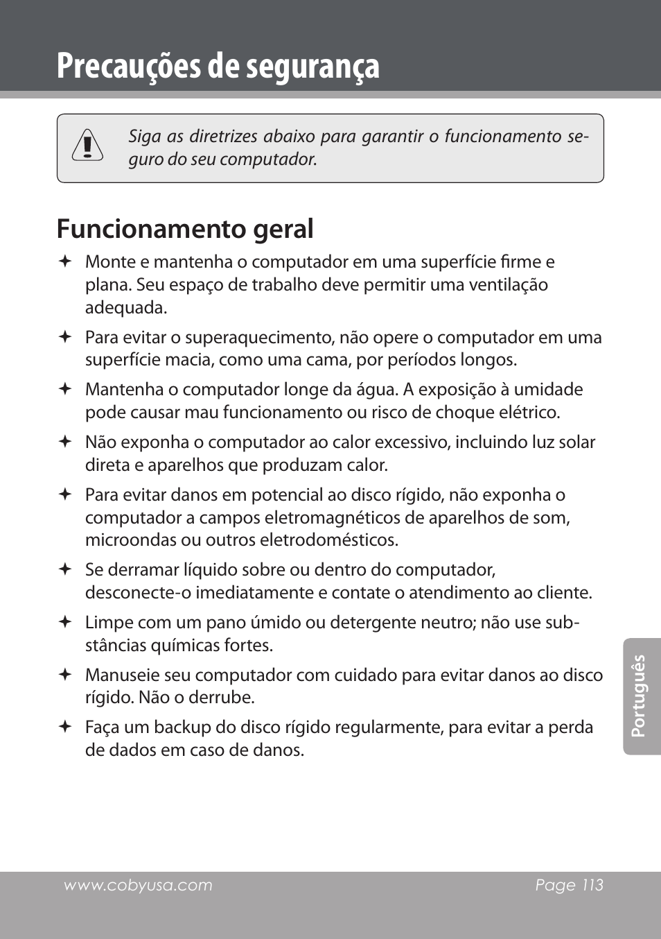 Precauções de segurança, Funcionamento geral | COBY electronic NBPC1028 User Manual | Page 113 / 139