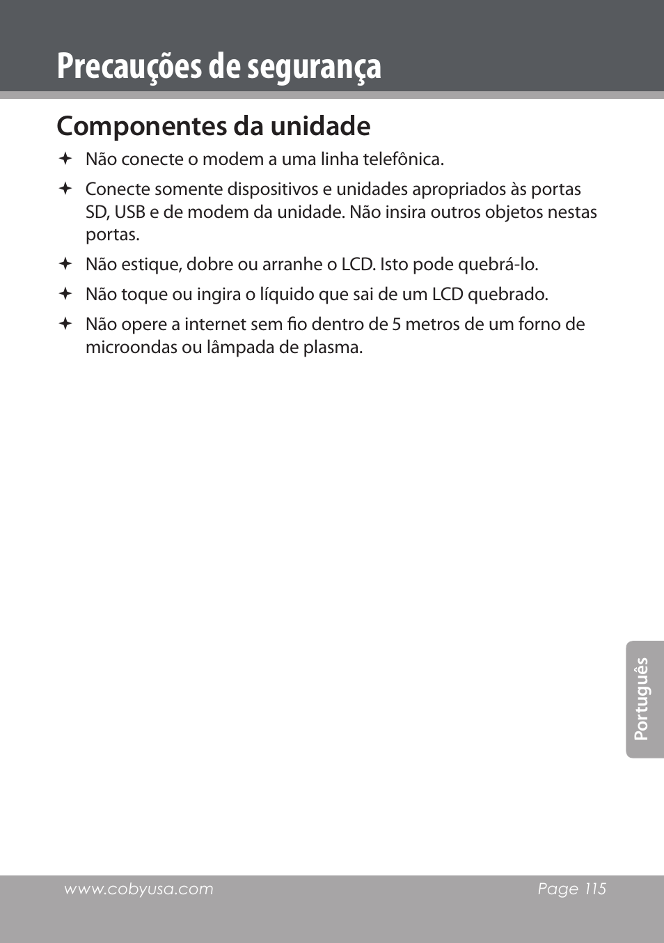 Componentes da unidade, Precauções de segurança | COBY electronic NBPC1028 User Manual | Page 115 / 139