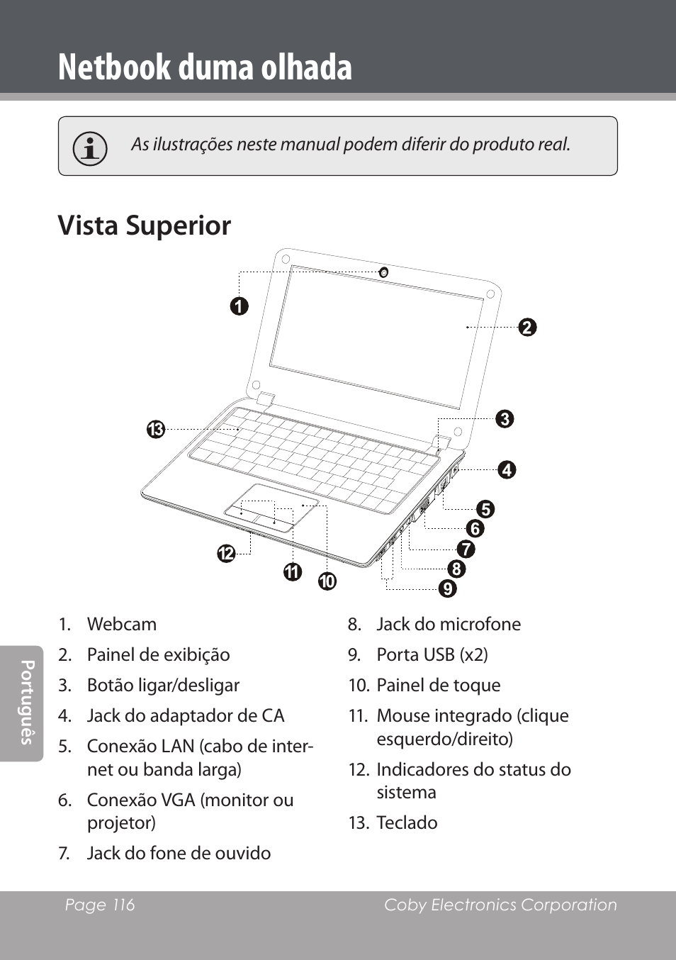 Netbook duma olhada, Vista superior | COBY electronic NBPC1028 User Manual | Page 116 / 139