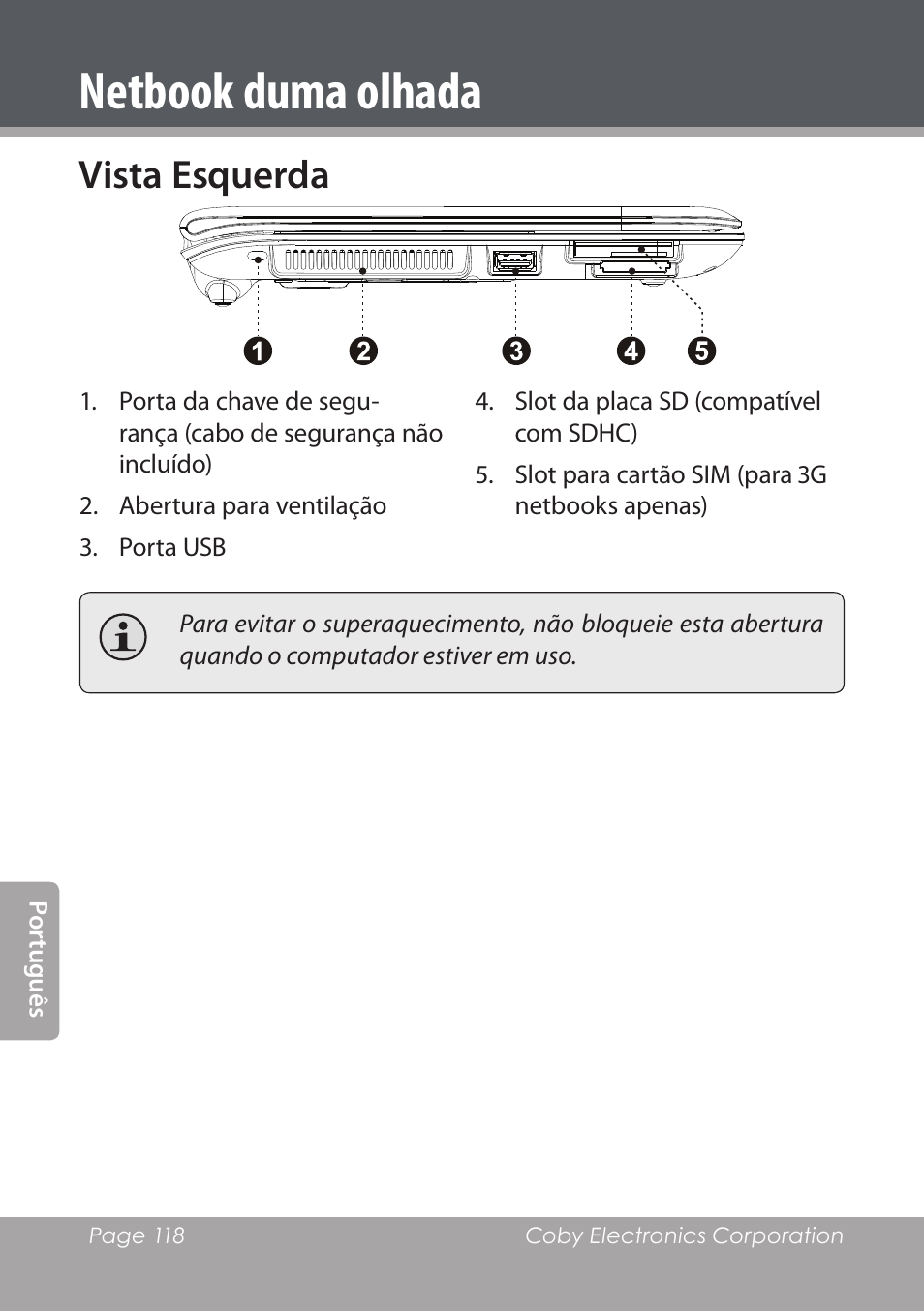 Vista esquerda, Netbook duma olhada | COBY electronic NBPC1028 User Manual | Page 118 / 139