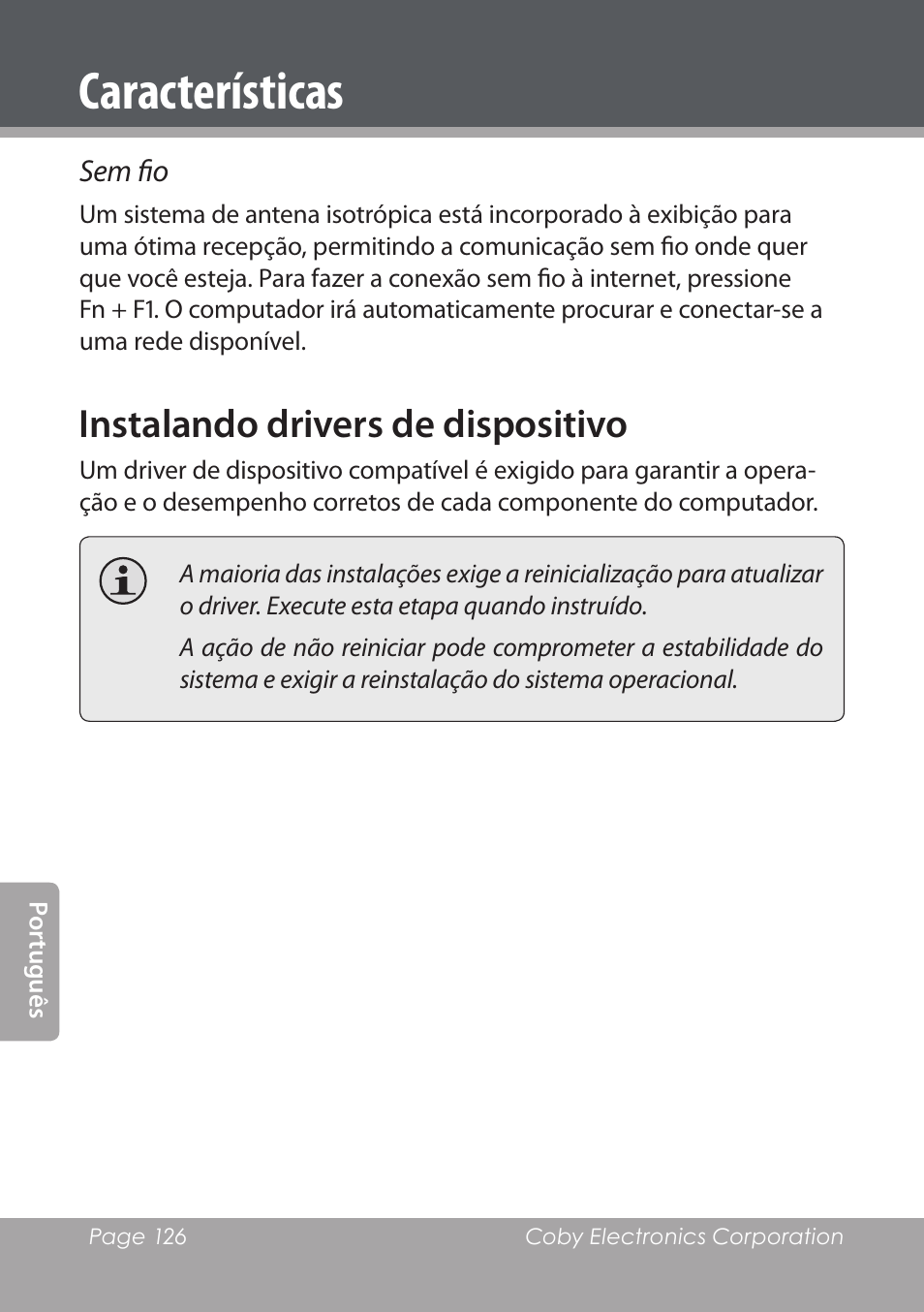 Instalando drivers de dispositivo, Características | COBY electronic NBPC1028 User Manual | Page 126 / 139