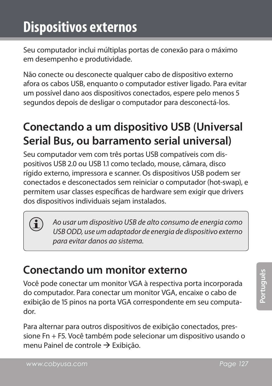 Dispositivos externos, Conectando um monitor externo | COBY electronic NBPC1028 User Manual | Page 127 / 139