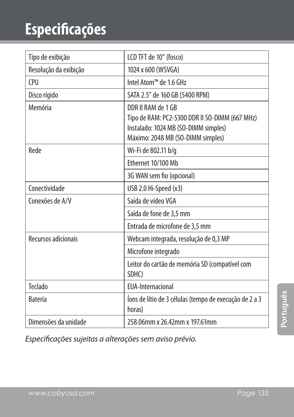 Especificações | COBY electronic NBPC1028 User Manual | Page 135 / 139