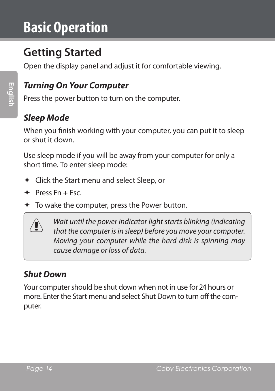 Getting started, Turning on your computer, Sleep mode | Shut down, Basic operation | COBY electronic NBPC1028 User Manual | Page 14 / 139