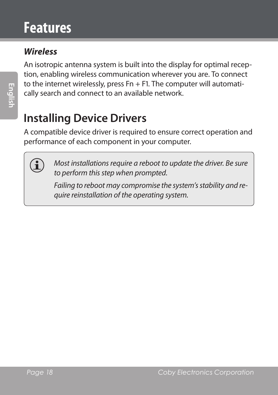 Wireless, Installing device drivers, Features | COBY electronic NBPC1028 User Manual | Page 18 / 139