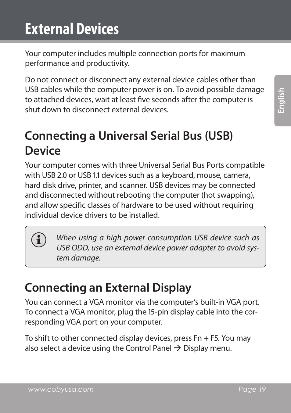 External devices, Connecting a universal serial bus (usb) device, Connecting an external display | COBY electronic NBPC1028 User Manual | Page 19 / 139
