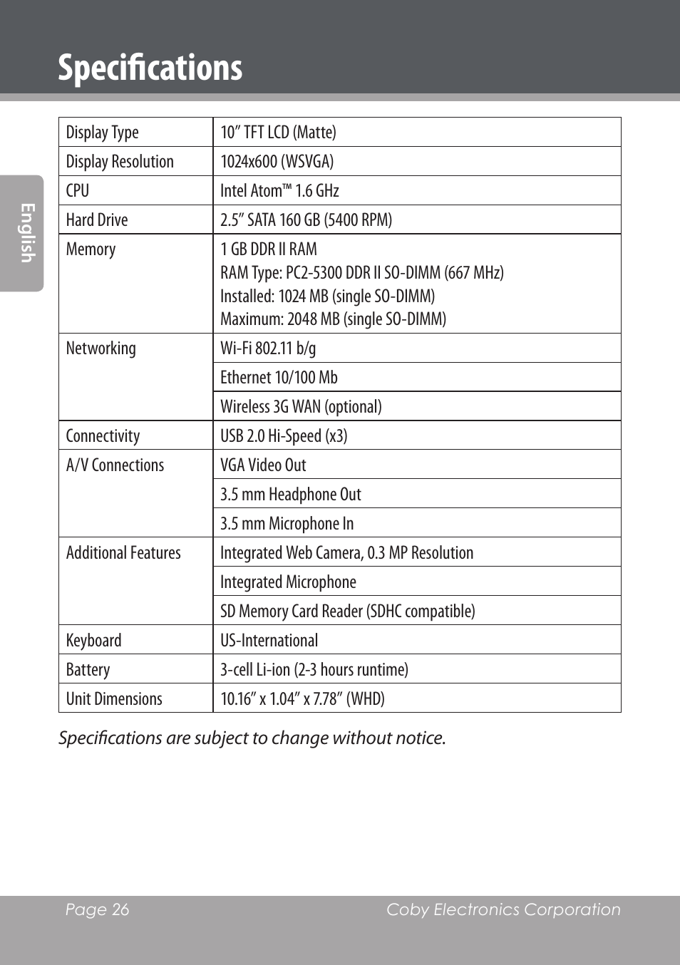 Specifications | COBY electronic NBPC1028 User Manual | Page 26 / 139