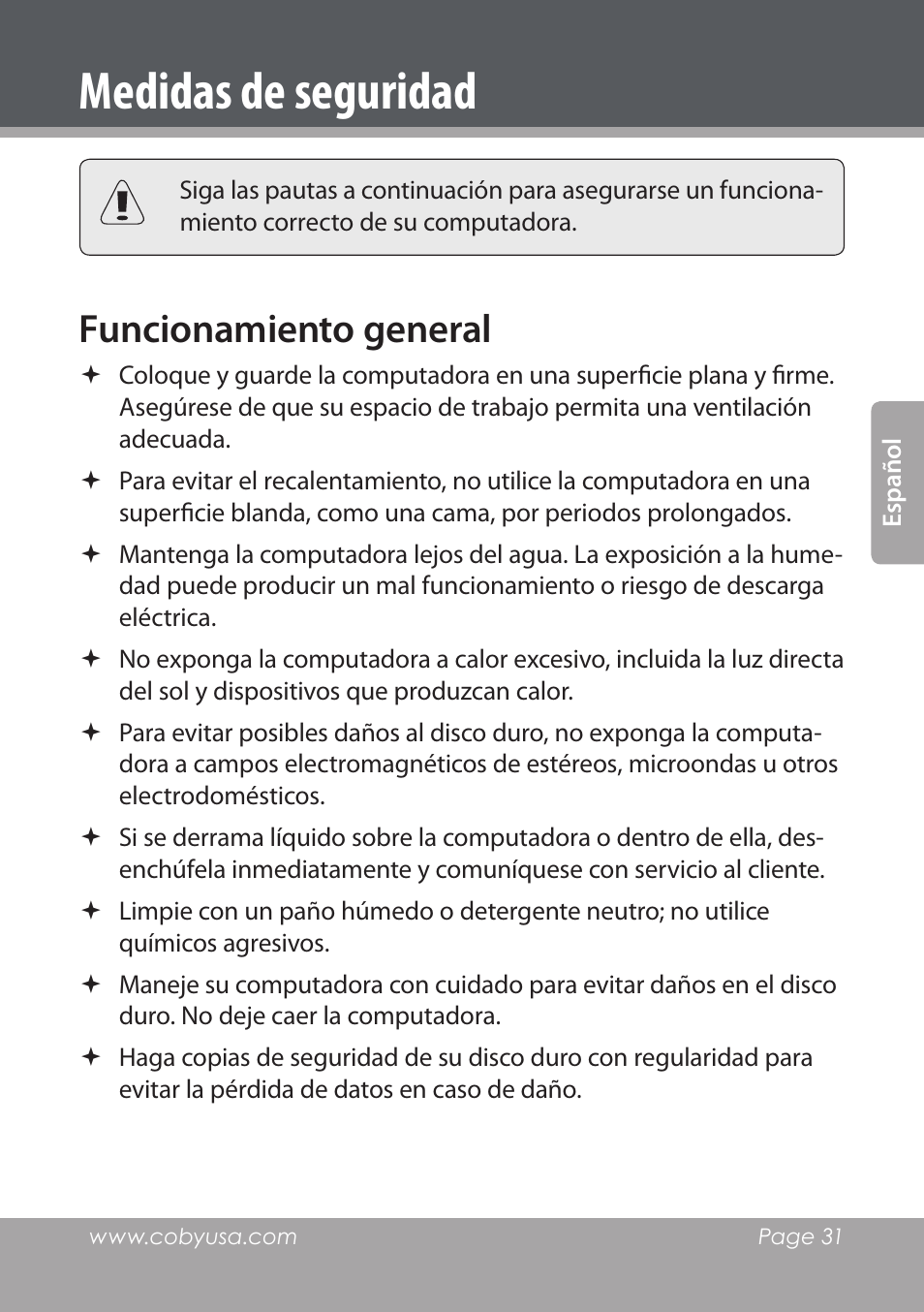 Medidas de seguridad, Funcionamiento general | COBY electronic NBPC1028 User Manual | Page 31 / 139