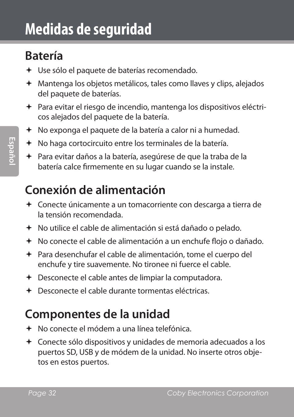 Batería, Conexión de alimentación, Componentes de la unidad | Medidas de seguridad | COBY electronic NBPC1028 User Manual | Page 32 / 139
