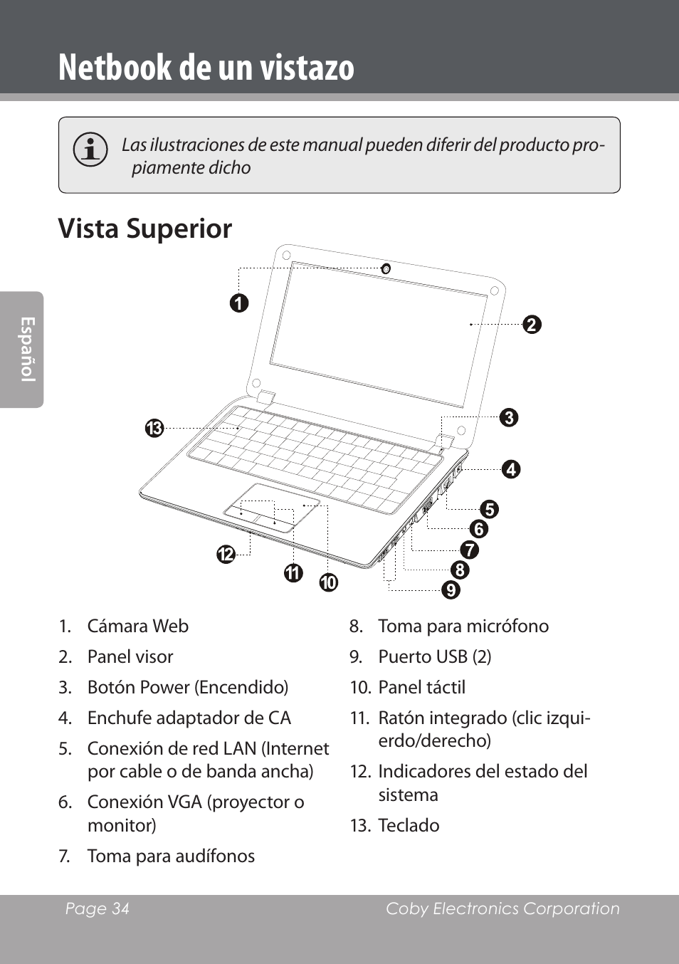 Netbook de un vistazo, Vista superior | COBY electronic NBPC1028 User Manual | Page 34 / 139