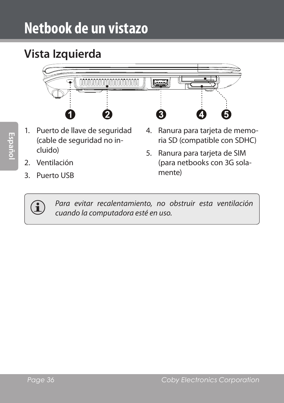 Vista izquierda, Netbook de un vistazo | COBY electronic NBPC1028 User Manual | Page 36 / 139