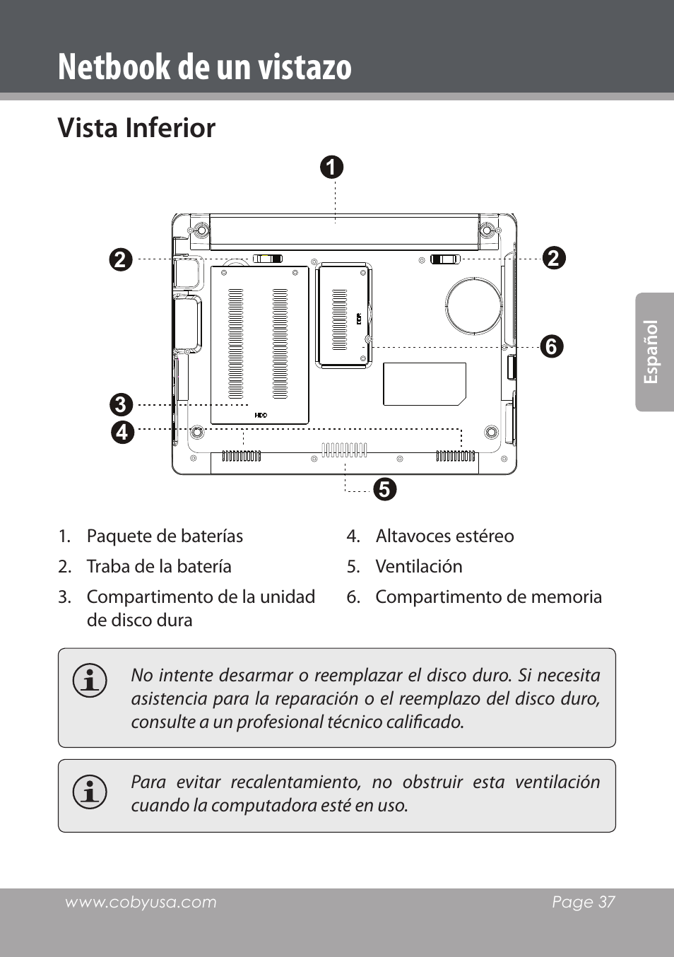 Vista inferior, Netbook de un vistazo | COBY electronic NBPC1028 User Manual | Page 37 / 139