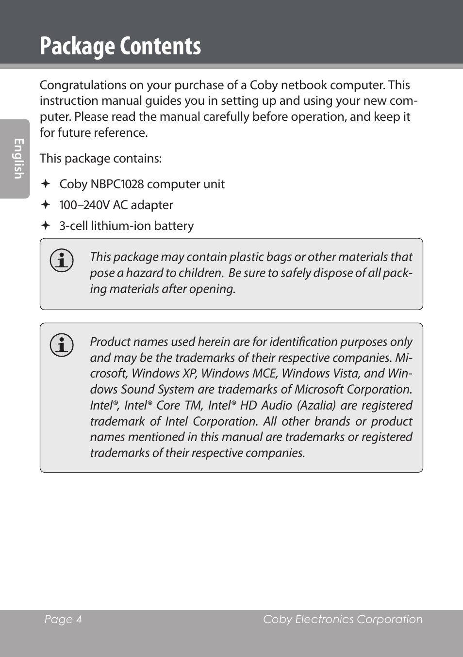 Package contents | COBY electronic NBPC1028 User Manual | Page 4 / 139