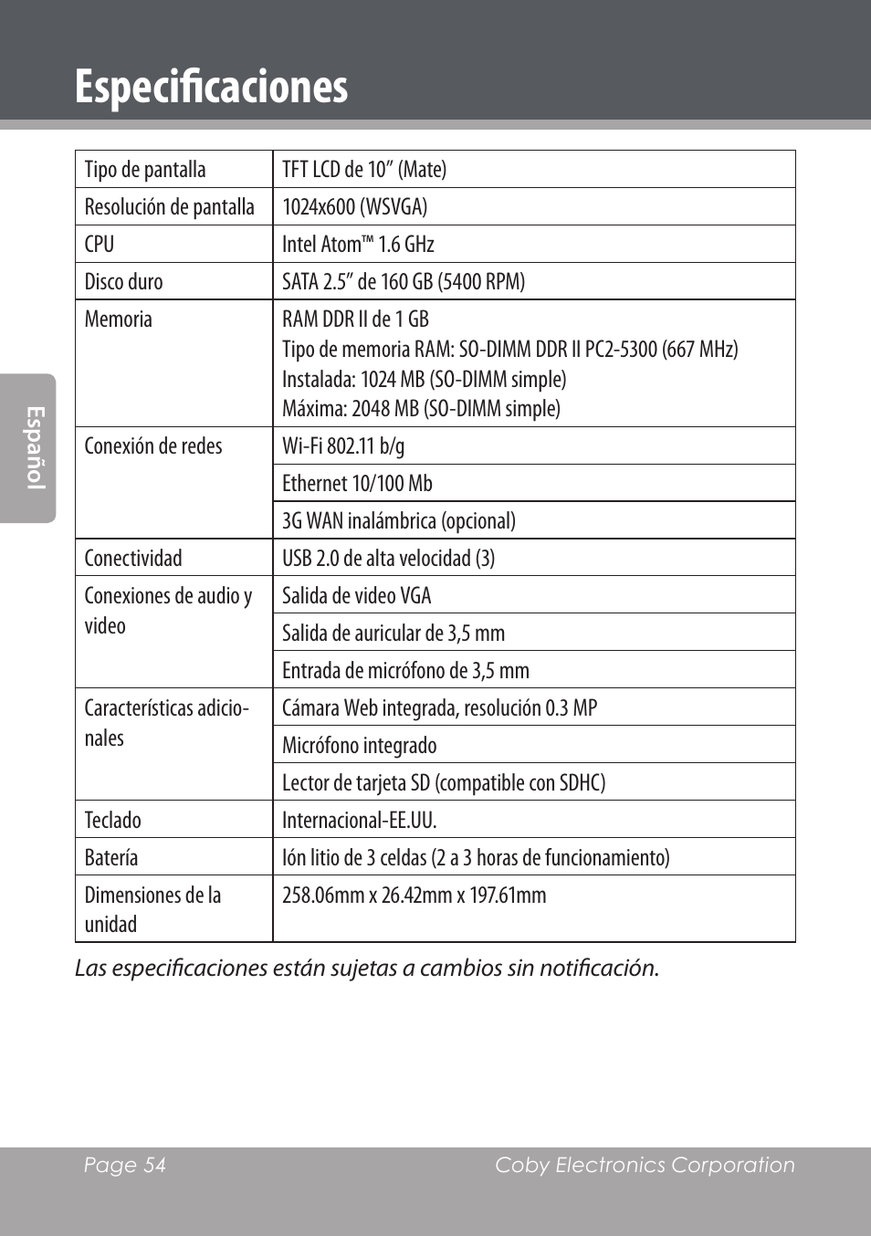 Especificaciones | COBY electronic NBPC1028 User Manual | Page 54 / 139