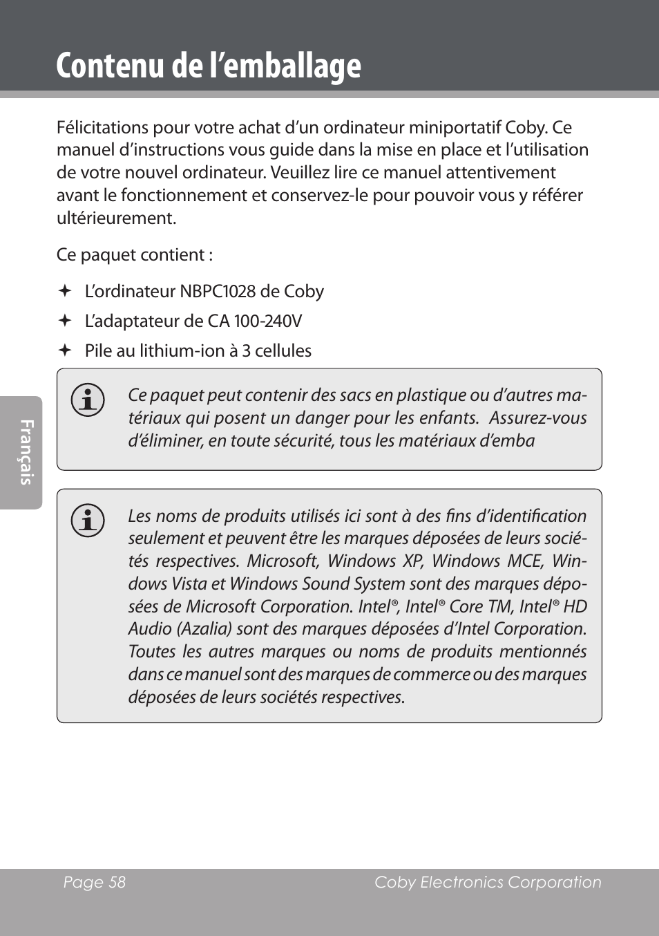 Contenu de l’emballage | COBY electronic NBPC1028 User Manual | Page 58 / 139