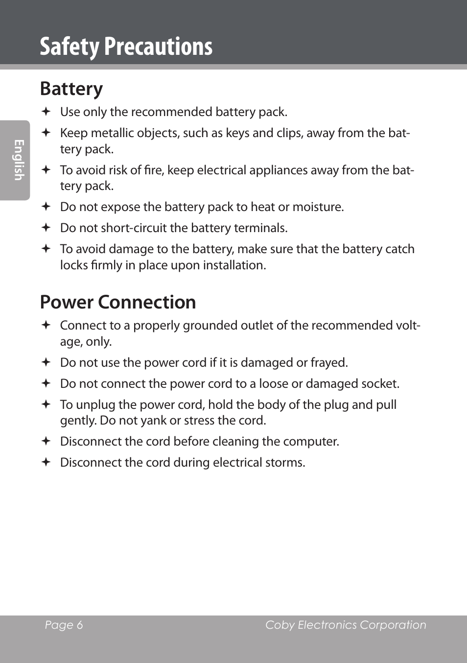 Battery, Power connection, Safety precautions | COBY electronic NBPC1028 User Manual | Page 6 / 139