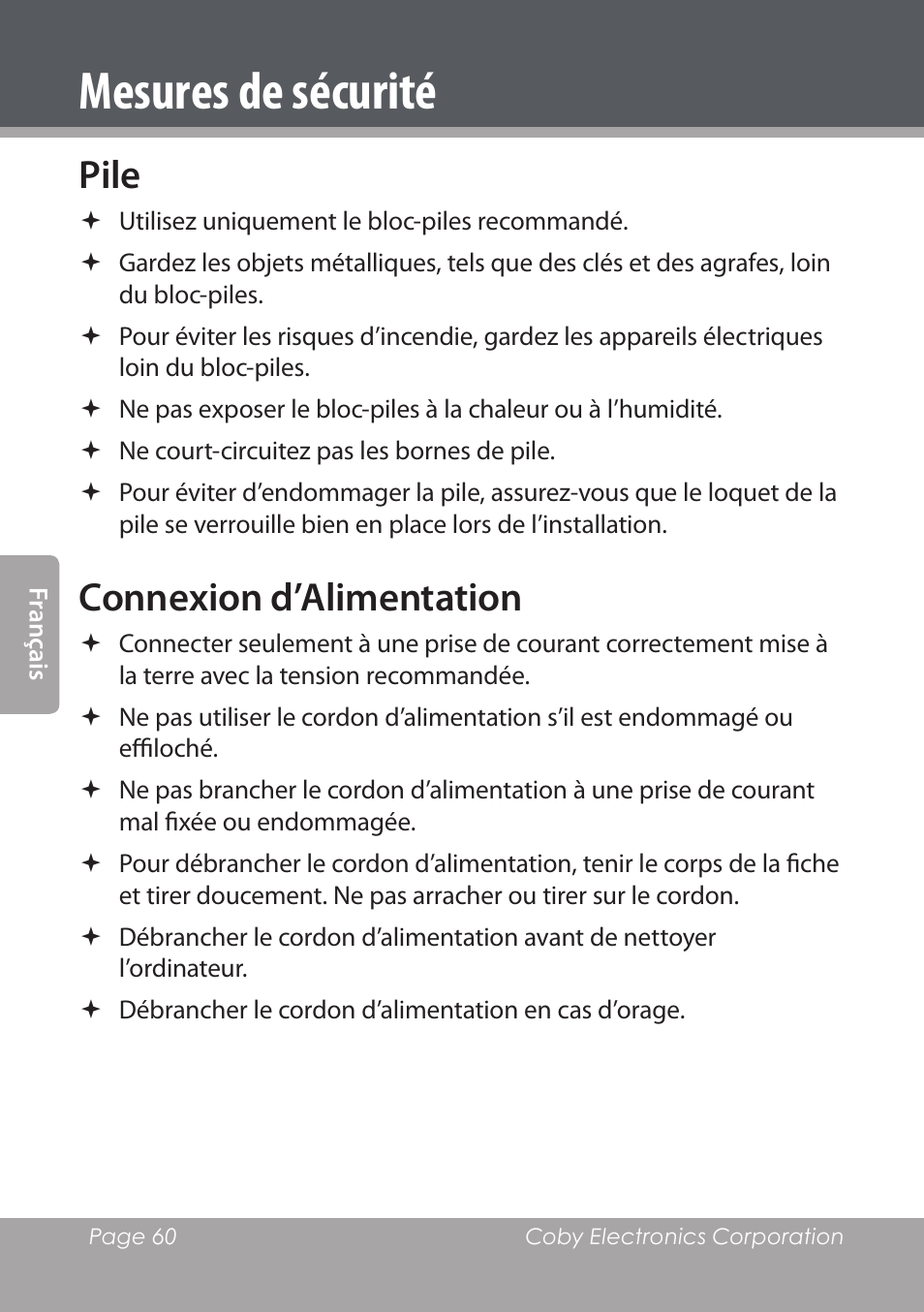 Pile, Connexion d’alimentation, Mesures de sécurité | COBY electronic NBPC1028 User Manual | Page 60 / 139