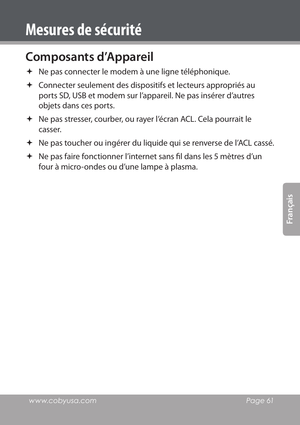 Composants d’appareil, Mesures de sécurité | COBY electronic NBPC1028 User Manual | Page 61 / 139