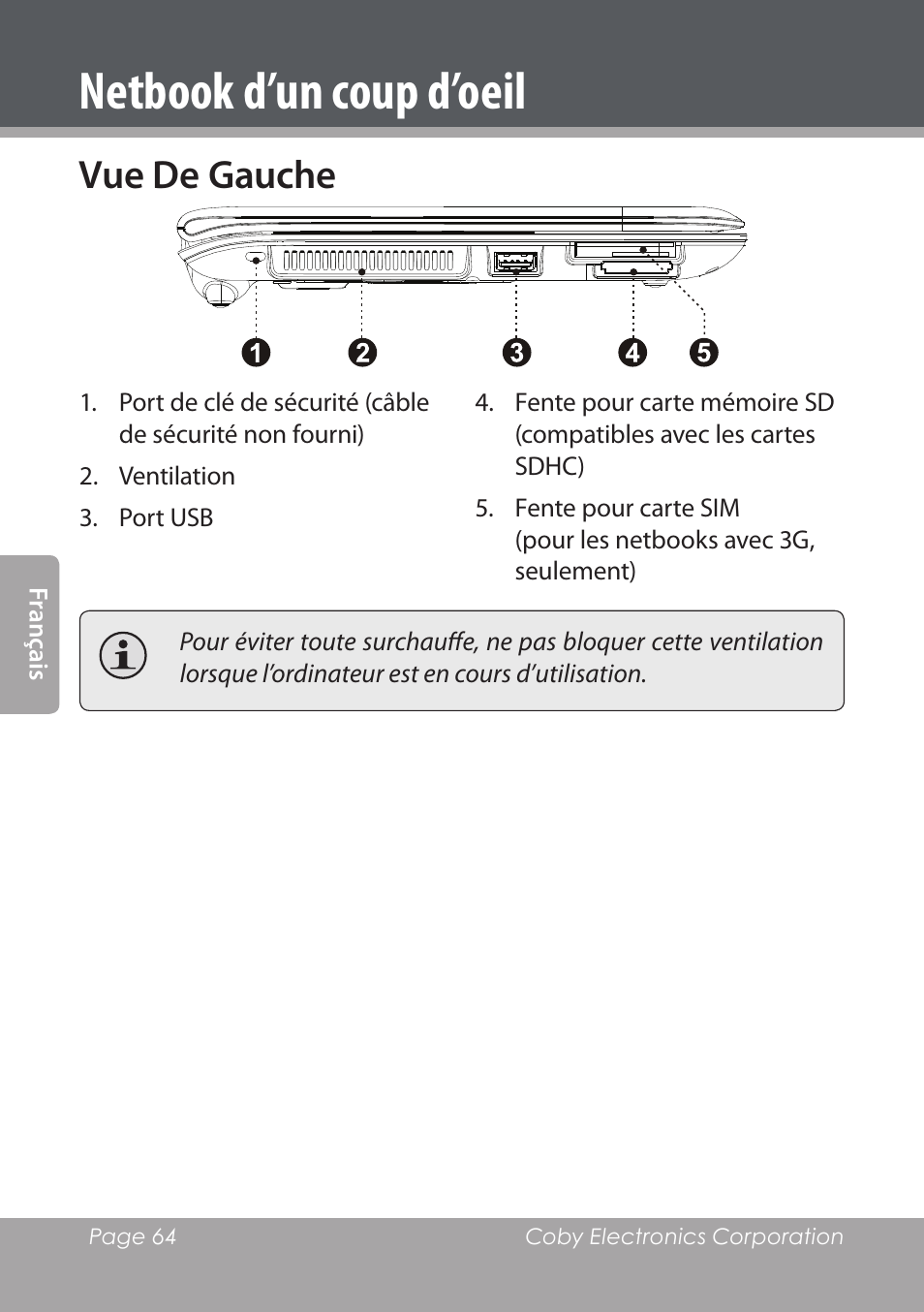 Vue de gauche, Netbook d’un coup d’oeil | COBY electronic NBPC1028 User Manual | Page 64 / 139