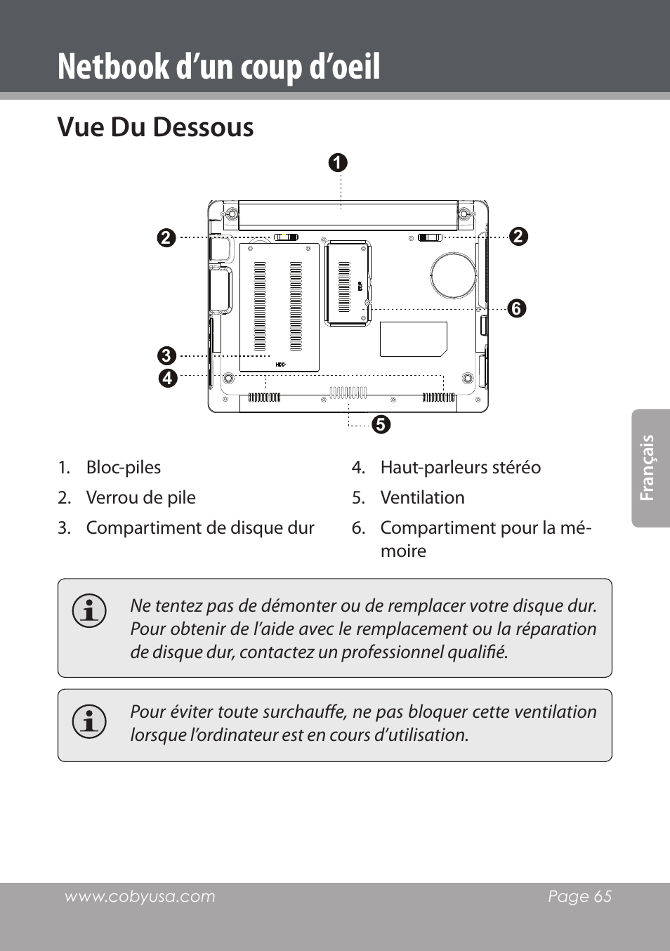 Vue du dessous, Netbook d’un coup d’oeil | COBY electronic NBPC1028 User Manual | Page 65 / 139