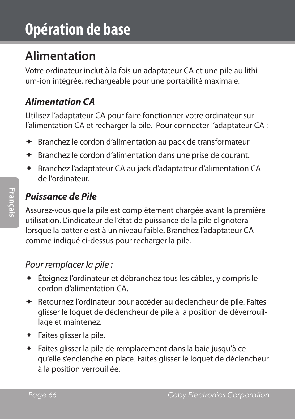 Opération de base, Alimentation, Alimentation ca | Puissance de pile | COBY electronic NBPC1028 User Manual | Page 66 / 139