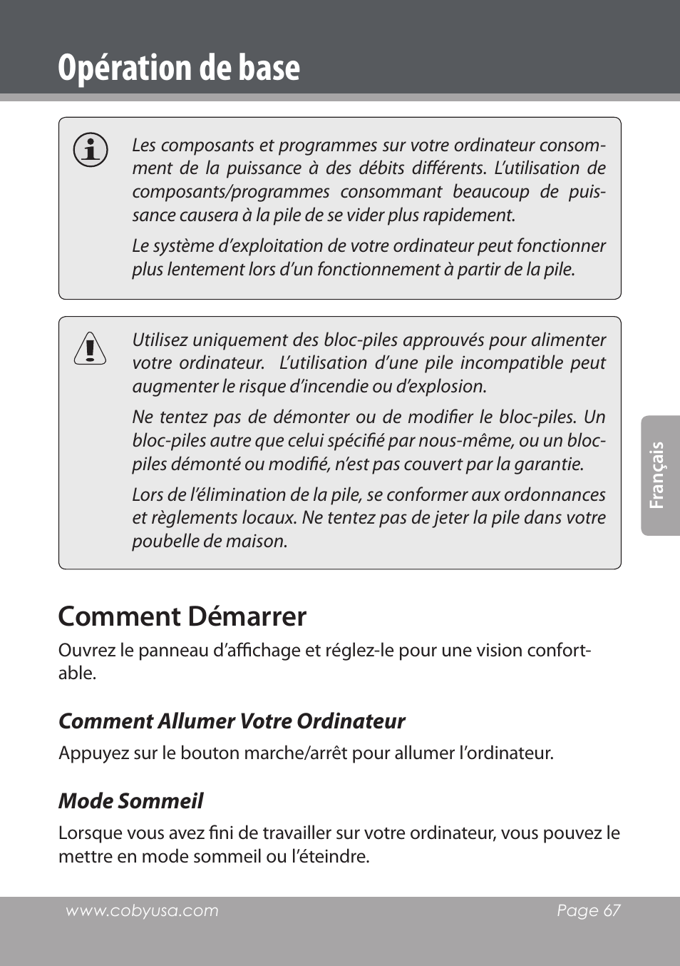 Comment démarrer, Comment allumer votre ordinateur, Mode sommeil | Opération de base | COBY electronic NBPC1028 User Manual | Page 67 / 139