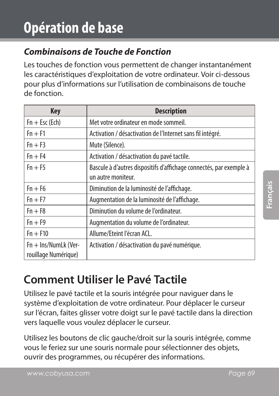 Combinaisons de touche de fonction, Comment utiliser le pavé tactile, Opération de base | COBY electronic NBPC1028 User Manual | Page 69 / 139