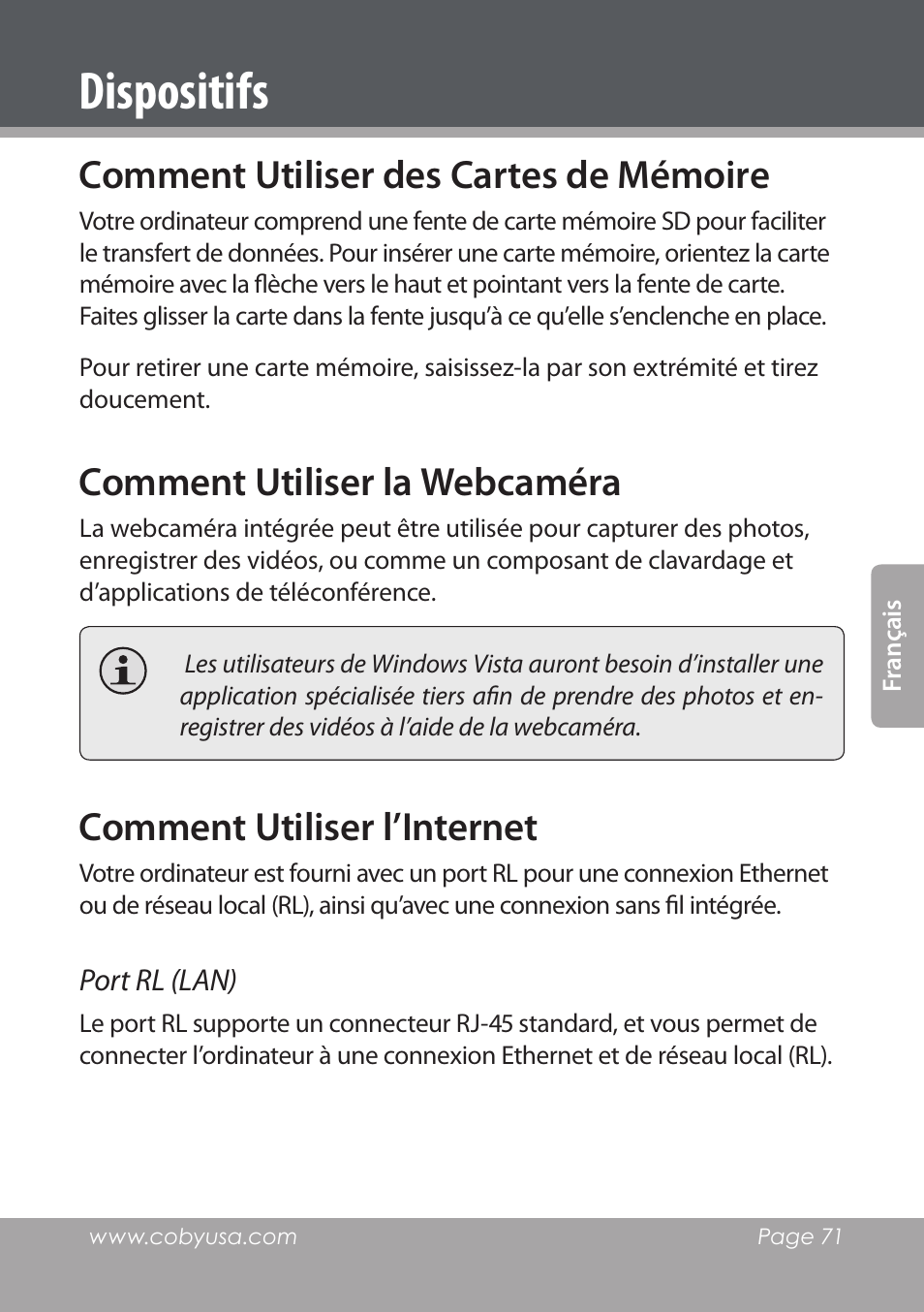 Dispositifs, Comment utiliser des cartes de mémoire, Comment utiliser la webcaméra | Comment utiliser l’internet | COBY electronic NBPC1028 User Manual | Page 71 / 139