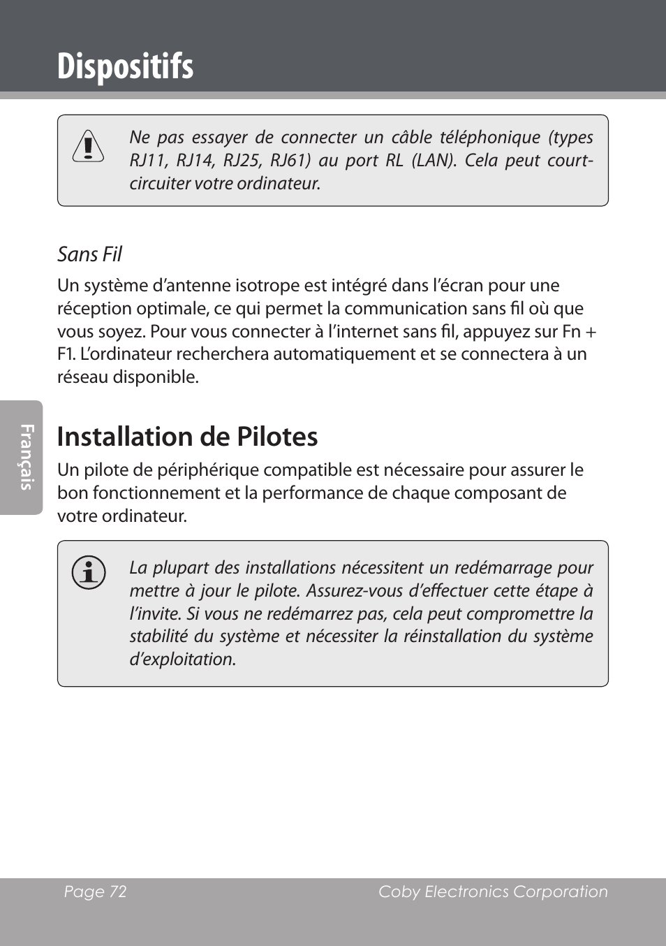Installation de pilotes, Dispositifs | COBY electronic NBPC1028 User Manual | Page 72 / 139