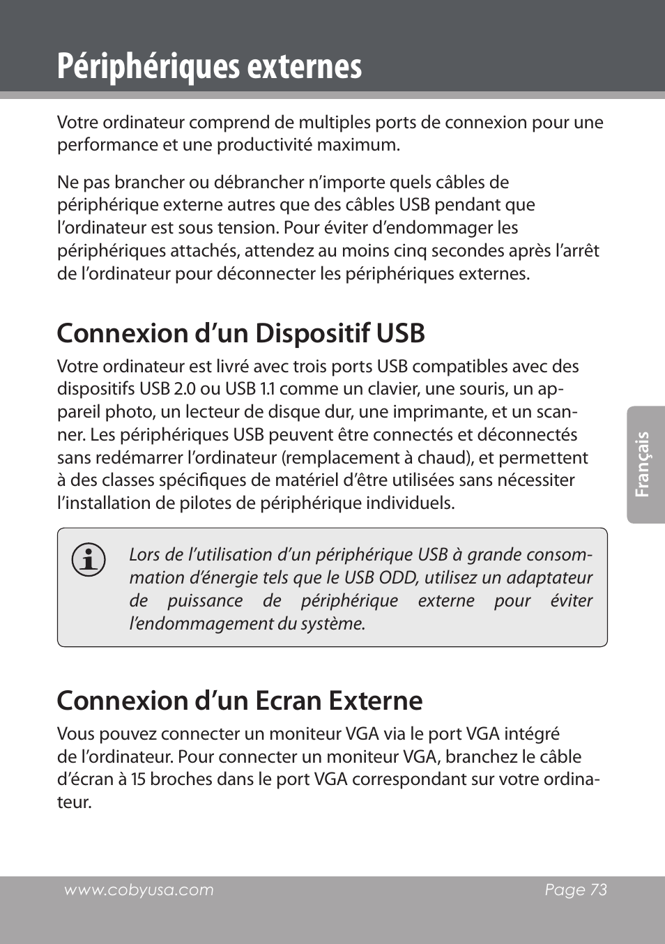 Périphériques externes, Connexion d’un dispositif usb, Connexion d’un ecran externe | COBY electronic NBPC1028 User Manual | Page 73 / 139