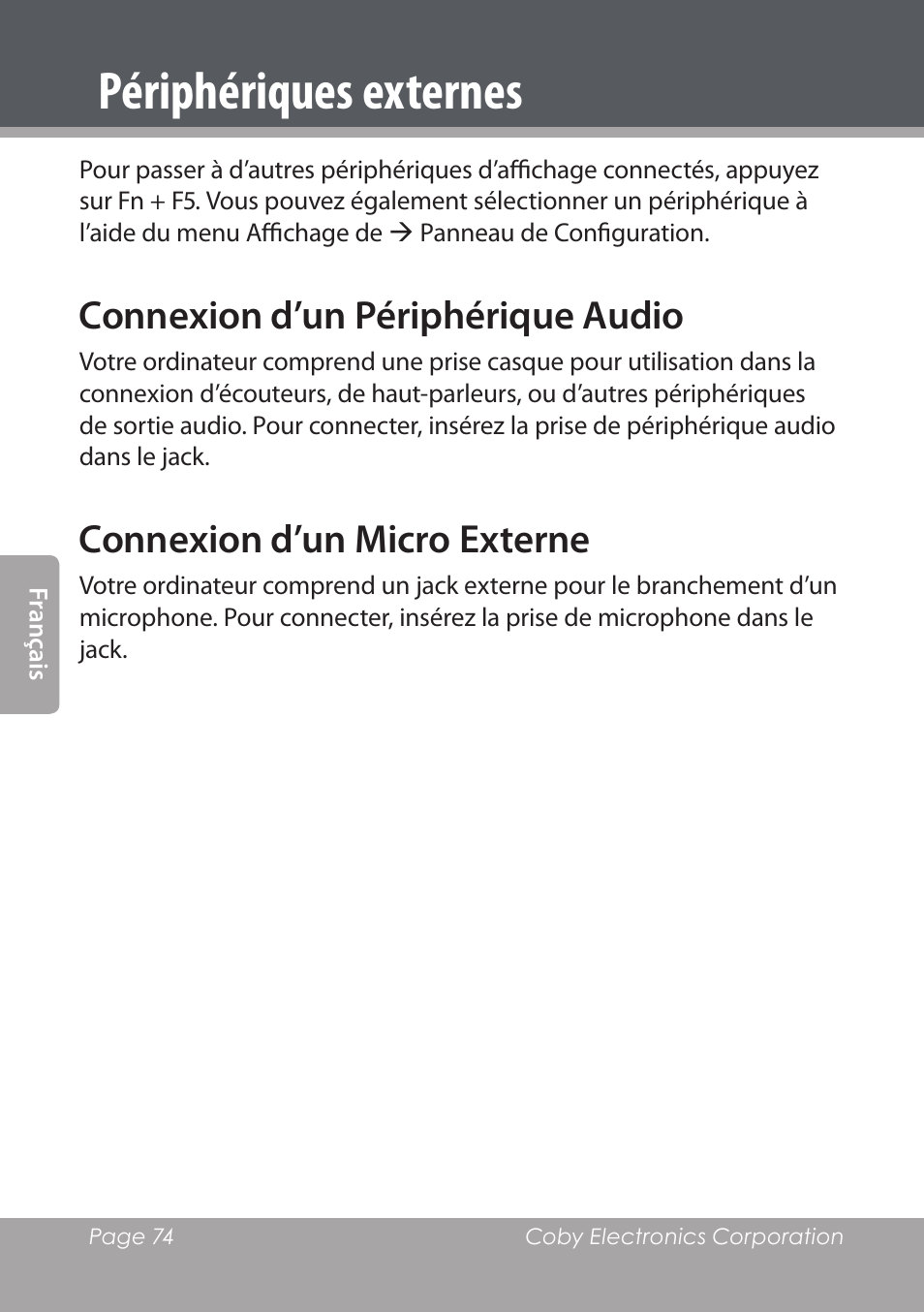 Connexion d’un périphérique audio, Connexion d’un micro externe, Périphériques externes | COBY electronic NBPC1028 User Manual | Page 74 / 139