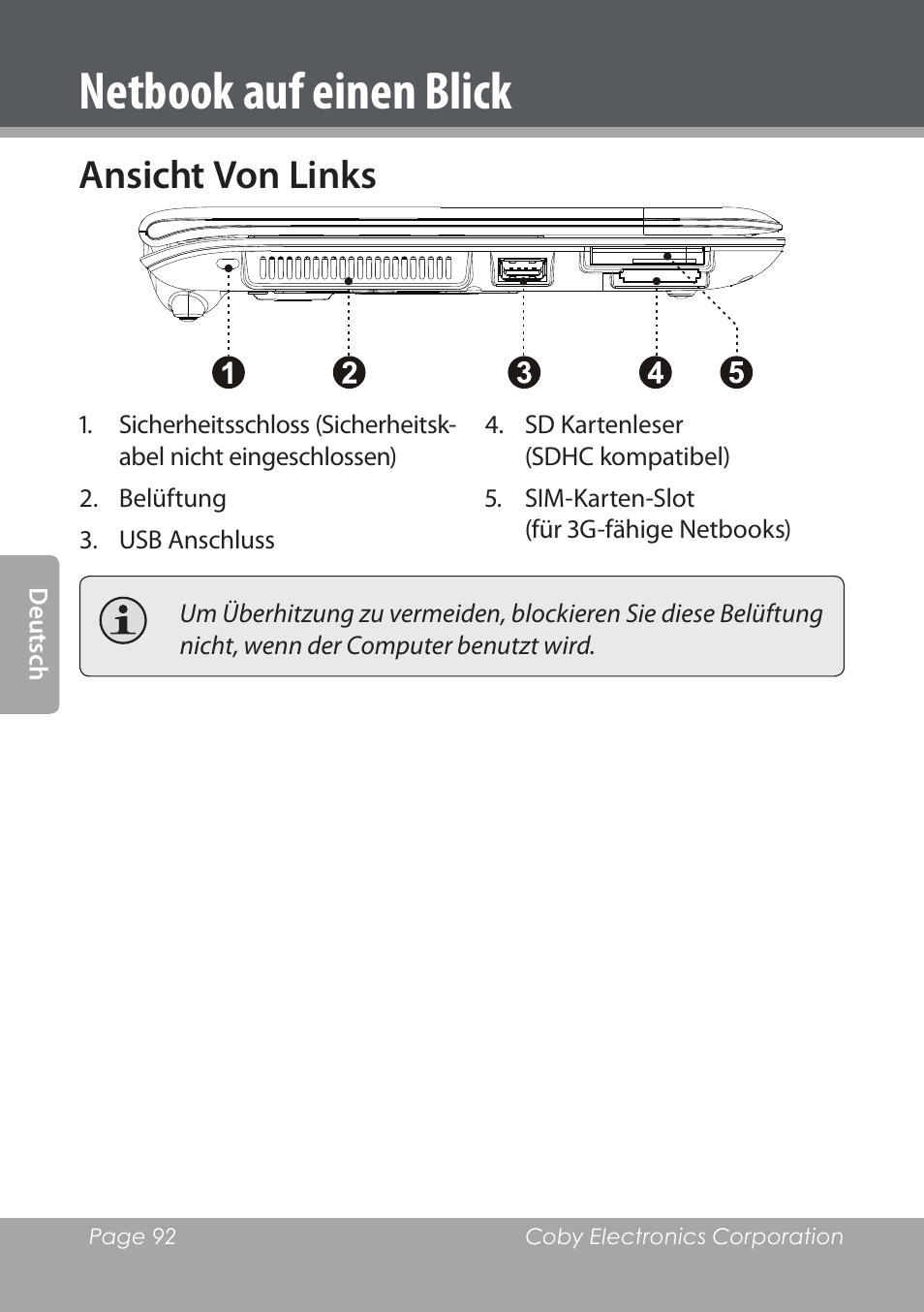 Ansicht von links, Netbook auf einen blick | COBY electronic NBPC1028 User Manual | Page 92 / 139