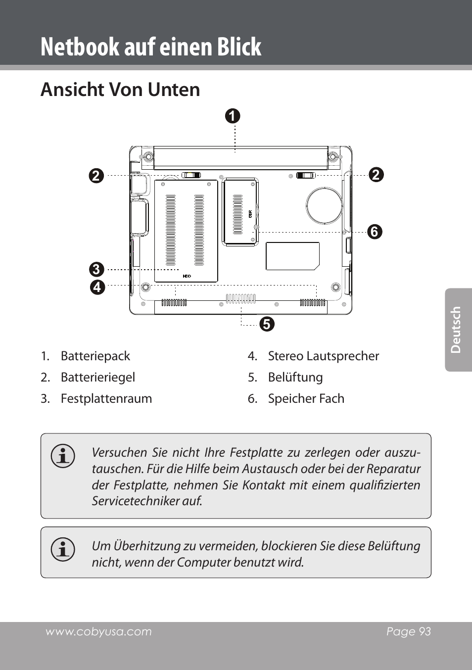 Ansicht von unten, Netbook auf einen blick | COBY electronic NBPC1028 User Manual | Page 93 / 139