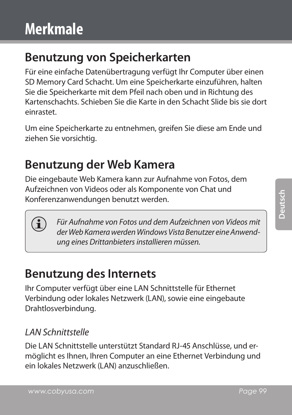 Merkmale, Benutzung von speicherkarten, Benutzung der web kamera | Benutzung des internets | COBY electronic NBPC1028 User Manual | Page 99 / 139
