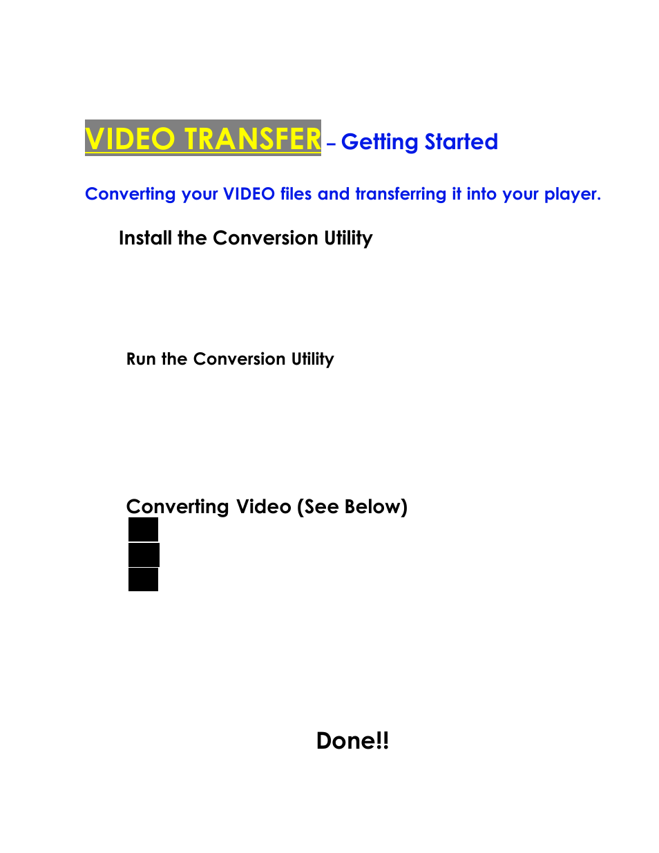 Video transfer, Getting started | COBY electronic MPC7082 User Manual | Page 10 / 12