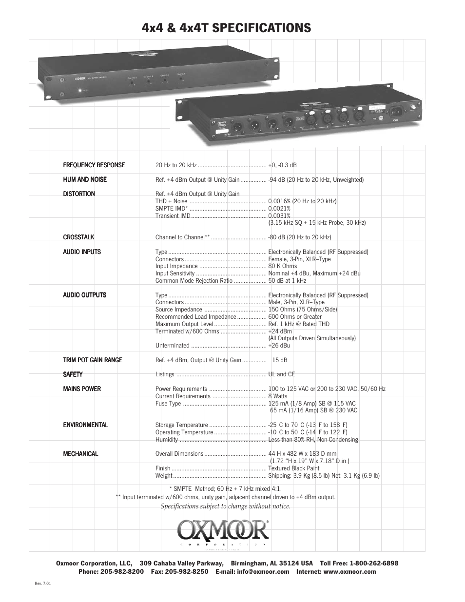 4x4 & 4x4t specifications | Oxmoor 4x4 User Manual | Page 2 / 2