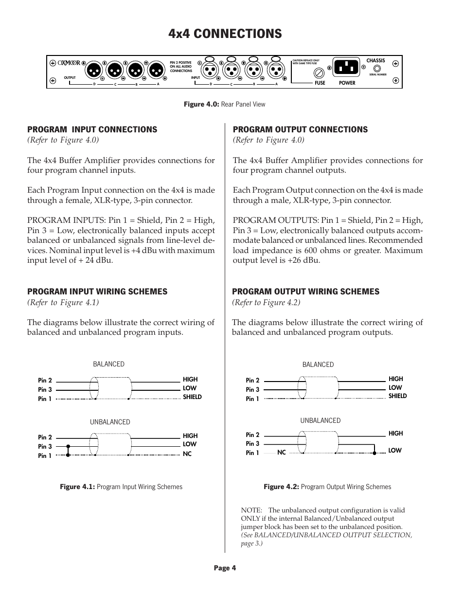 4x4 connections, Program output wiring schemes, Program output connections | Program input connections, Program input wiring schemes | Oxmoor 4x4 User Manual | Page 6 / 12