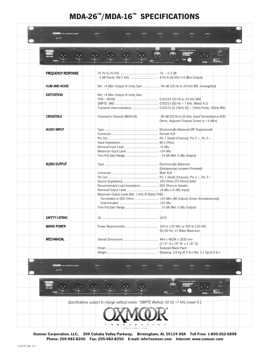 Mda-26, Mda-16, Specifications | Oxmoor MDA-16 User Manual | Page 2 / 2